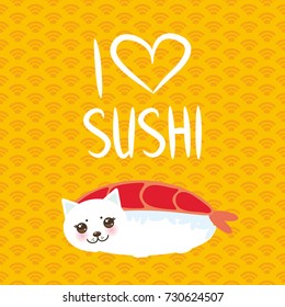 I love sushi. Kawaii funny Ebi Sushi and white cute cat with pink cheeks and eyes, emoji.  Orange background with japanese circle pattern. Vector