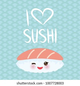I love sushi. Kawaii funny Maguro Toro Sushi with pink cheeks and big eyes, emoji. Baby blue background with japanese circle pattern. Vector illustration
