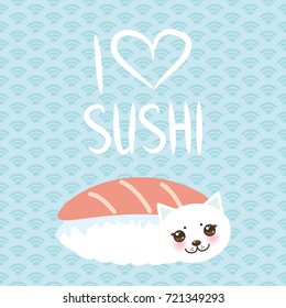 I love sushi. Kawaii funny Maguro Toro Sushi and white cute cat with pink cheeks and eyes, emoji. Baby blue background with japanese circle pattern. Vector