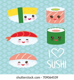 I love sushi. Kawaii funny sushi set with pink cheeks and big eyes, emoji. Blue background with japanese circle pattern. Vector