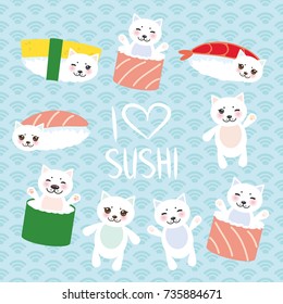 I love sushi. Kawaii funny Sushi set and white cute cat with pink cheeks and eyes, emoji. Baby blue background with japanese circle pattern. Vector