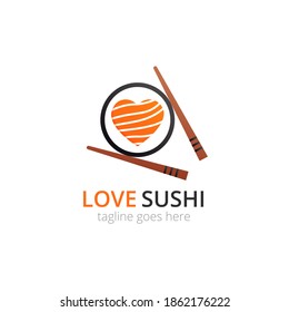 Love sushi logo. Roll with tuna in heart shape and chopsticks. Vector flat logotype