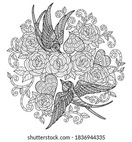 The love of the Swallow.
Zentangle stylized cartoon isolated on white background. 
Hand drawn sketch illustration for adult coloring book. 
