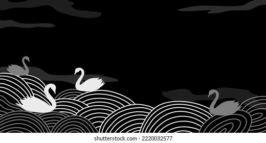 Love Swan Vogel schwarzer Hintergrund Himmel und Ozean Zeichnung monochrome Vektorgrafik