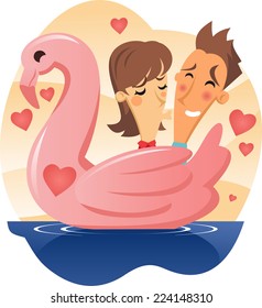 Love Swan Boat Woman Kissing Shy Man Cartoon Vector Illustration