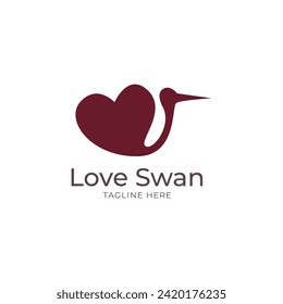 Love and swan logo design. Beauty swan concept heart flat shape style. Nature icon for farm, company, beauty, flourish. Vector illustration