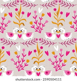 Love Swans and Hearts Vector Seamless Pattern