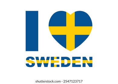 Ich liebe Schweden Wort mit Herzform, Flagge von Schweden nationales Ländersymbol Illustration Vektor, Rechteck Schweden Flagge Illustration, Flat Vektorgrafik
