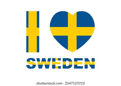 Ich liebe Schweden Wort mit Herzform, Flagge von Schweden nationales Ländersymbol Illustration Vektor, Rechteck Schweden Flagge Illustration, Flat Vektorgrafik
