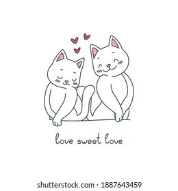 Love Sweet Love. Black and white illustration of cute hugging cats on a white background. Vector 10 EPS.
