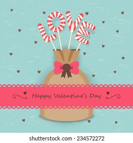 Love sweet candy in the bag with frame and ribbon on hearts background. vector.