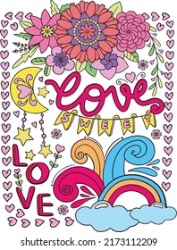 Love Sweet Love font with heart and flowers element for Valentine's day or Love Cards. Hand drawn with inspiration word. Coloring for adult and kids. Vector Illustration