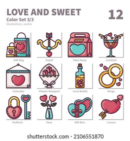Love and Sweet icons set, Filled Outline, vector and illustration set 3