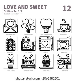 Love and Sweet icons set, Outline, vector and illustration set 2