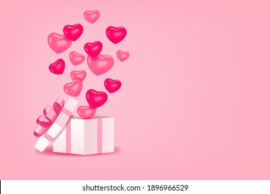 Love and Sweet Valentines day concept, Red and pink heart shaped balloons float out of the white gift box on pink background, Vector illustration