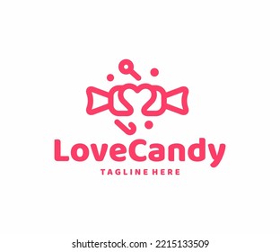 Liebe für Süßigkeiten und Bonbons Logo Design. с, Lollipops und Bonbons mit einem Herz im linearen Stil