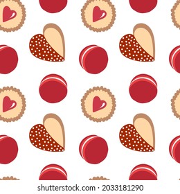 Love sweets seamless pattern. Vector red color macaron, cookie, sweets in red colors. Heart cookie.