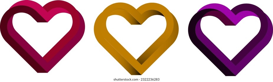 Love symbol 3d heart set vector isolated. Logo heart impossible  shape - gold, red and purple hearts collection. Infinite hearts - may be used in dating, wedding design, Valentines card