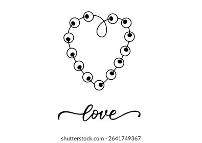 Love symbol with beads arranged and text line drawing isolated on white background - vector illustration