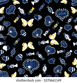 Love symbol, beautiful, lovely, romantic, holiday decoration. Vector sketch. Hand drawn illustration, isolated. Black, blue and white colours, polka dots, striped. Watercolor hearts seamless pattern.
