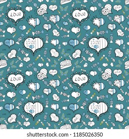 Love symbol, beautiful, lovely, romantic, holiday decoration. Hand drawn illustration, isolated. Blue, white and black colours, polka dots, striped. Vector design. Watercolor hearts seamless pattern.