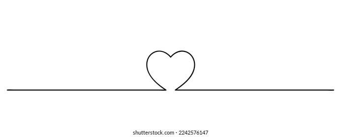 love symbol continuous one line drawing, single heart lineart, black line vector illustration, horizontal design element