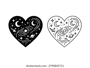 Love symbol featuring a stylized galaxy with planets, stars, and moon, perfect for space and astronomy themes.