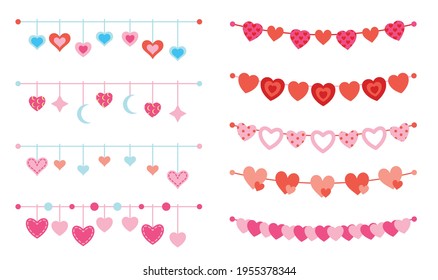 Love symbol garland icon set. Pink symetric hearts. Romantic abstract different shapes collection. Decorative element for invitation card. Isolated on white vector illustration in a flat style.