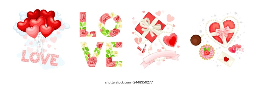Love Symbol with Heart Balloon and Gift Box Vector Set