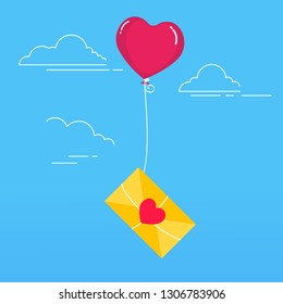 Love symbol - the heart in the envelope without text flies with balloonflat  style design vector illustration isolated on light blue background. Love letter for Valentine's day!