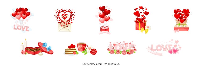 Love Symbol with Heart Gift Box, Balloon and Flower Bud Vector Set