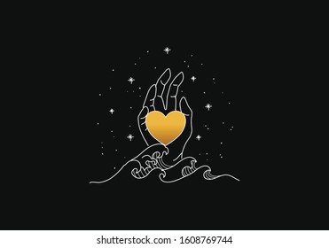 Love symbol or heart with hand  and wave. Vector illustration in magic vintage style. Spiritual guidance of tarot reader design. decorative illustration