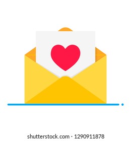 Love symbol - the heart in the open envelope without text flat style design vector illustration isolated on white background. Love letter for Valentine's day!