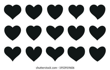 Juego de iconos de símbolo de amor. Corazones simétricos negros. Colección abstracta romántica de diferentes formas. Elemento decorativo para la tarjeta de invitación. Aislado sobre la ilustración vectorial blanca en un estilo plano.