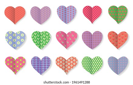 Love symbol icon set. Color pattern label symetric hearts. Romantic abstract different shapes collection. Decorative element for invitation card. Isolated on white vector illustration in a flat style.