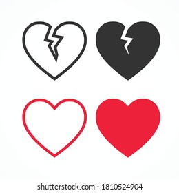 Love symbol icon set. Red love heart with black broken heart. vector illustration in flat style modern design. isolated on white background.