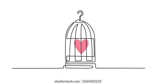 A love symbol inside a love cage in continuous line drawing. Depicting emotional confinement, love's boundaries, and the challenges of relationships. Vector illustration hand drawn.