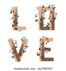 love symbol, letters on a white background with climbing roses in vintage style. Vintage card with flowers and trendy typography.