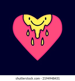 Love symbol with melted emoji face cartoon, illustration for t-shirt, sticker, or apparel merchandise. With modern pop and retro style.