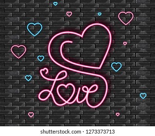 Love symbol in neon light Vector. Valentine day romantic symbol. Modern graphic brick backgrounds