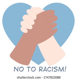 Love symbol no to racism. Two hands. Vector colorful illustration.