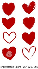 Love symbol. Red heart. Grunge texture. On white background. Set of 8 shapes. For valentine, wedding, love everything.