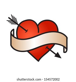 Love symbol - red heart. Red heart with ribbon. Heart with arrow. Place for text. Cartoon-style vector illustration.