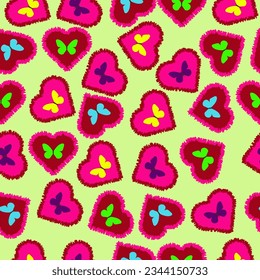 Love symbol - Seamless pattern of fury hearts with colored butterflies - vector illustration. Colorful cute background 