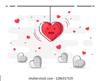 Love symbol. Set of laying hearts with one hanging and glowing.
