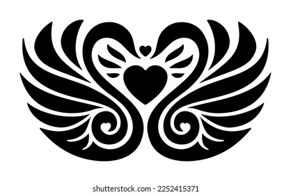 Love symbol. Tattoo with two swans wings and heart shape. Isolated on white background. Design element for wedding invitation or marriage greeting card. Vector illustration