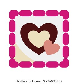 Love Symbol: Three hearts of different sizes and colors nested inside a pink square frame, a graphic representation of love, romance, and affection.