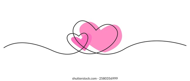 Love symbol. Two hearts continuous one Line Drawing. Valentines day concept. Heart couple line doodle style. Vector illustration