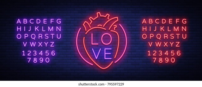 Love symbol vector. Neon sign on the theme of Valentine s Day. Flaming banner for greetings, leaflet, flyer. Bright night neon advertisement for the day of lovers. Editing text neon sign