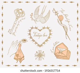 love symbols flash tattoo: swallow with twig, letters in an envelope, handkerchief wipes tear, key, sword and tulip.
